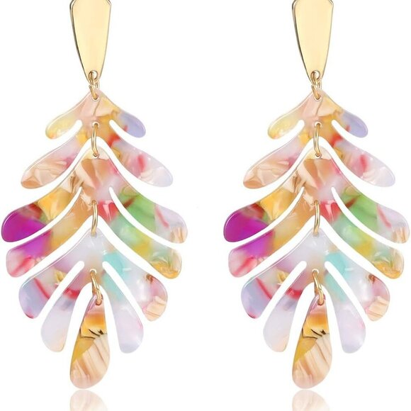 Jewelry - Acrylic Pendant necklace Earrings – Long Statement Leaf Charm Necklace Tortoise